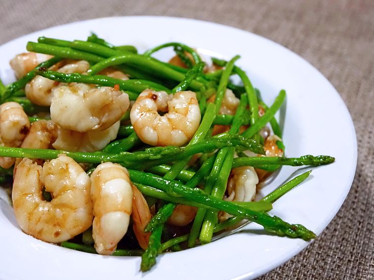 Asparagus pairs well with prawns and other seafood - the texture compliments the softness of seafood and it adds fiber and nutrients