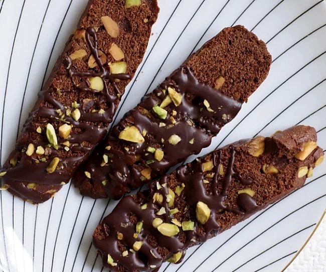 Chocolate and Pistachio Biscotti Recipe, dipped in melted chocolate - what a treat
