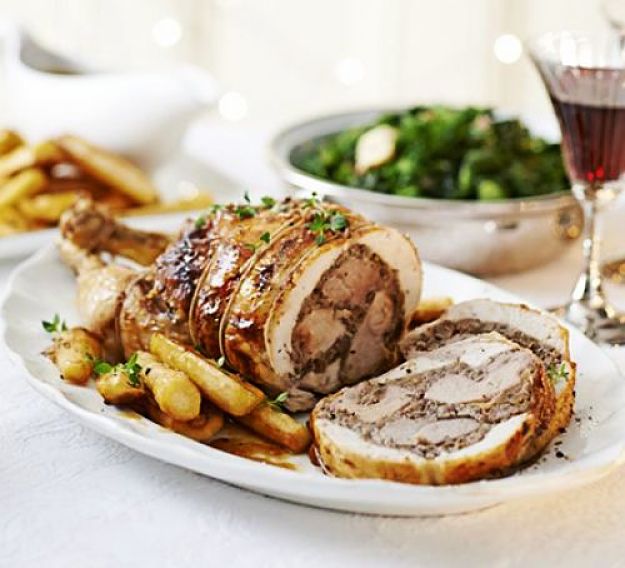 Chestnut and wild mushroom stuffed three-bird roast - see more ways to use chestnuts here