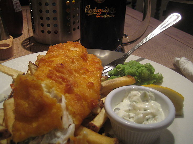The classic beer battered fish with homemade chips is an old favorite