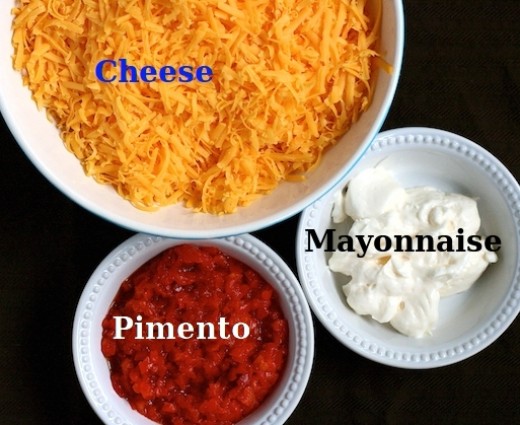 The three simple ingredients for Pimento Cheese - but the devil is in the detail. Which cheese? The best mayonnaise to use. The pimentos and choice of spices.