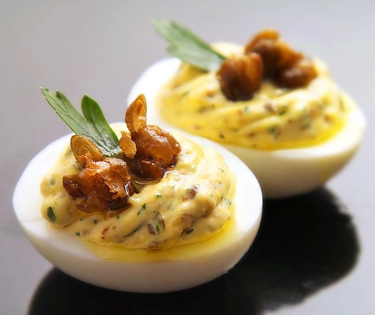 Deviled Eggs With Fried Capers, Lemon, and Parsley Recipe - see more recipes here