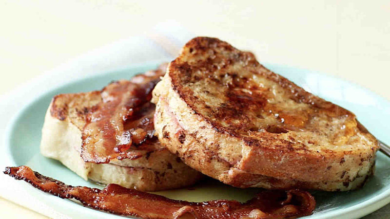 Apricot-Stuffed French Toast served with bacon