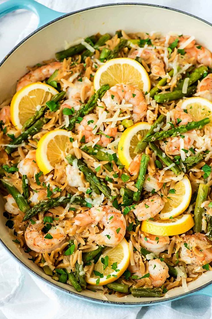 One Pot Lemon Shrimp Pasta recipe with asparagus and herbs. See other great articles in this article