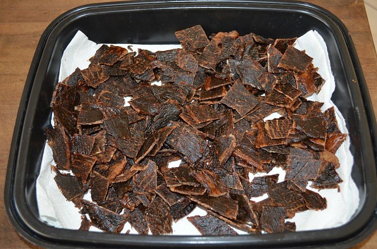 A tray of recently dried homemade beef jerky ready for storage in an air-tight container in the refrigerator