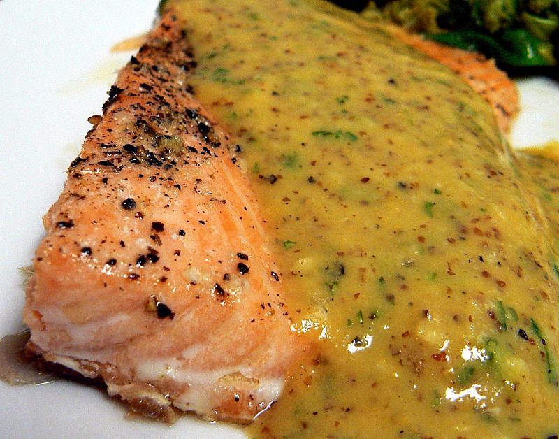 Salmon with honey mustard sauces is healthy - see the nutrition chart