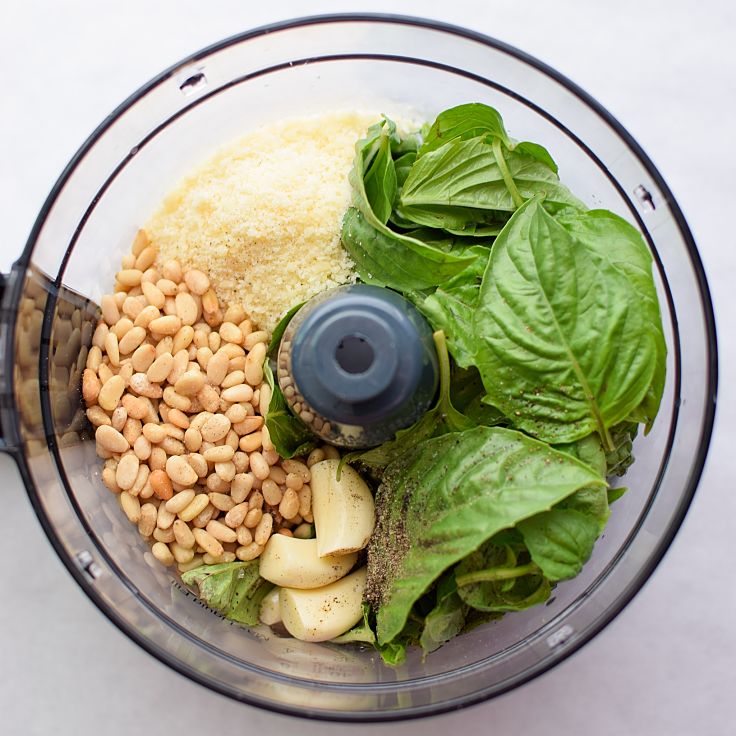 Pesto ingredients ready for blending to a rough paste. See how here