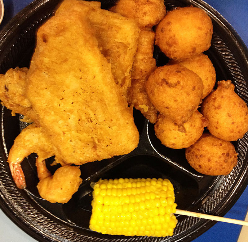 Hush puppies are often fried with fish, seafood and chicken pieces as a side serve