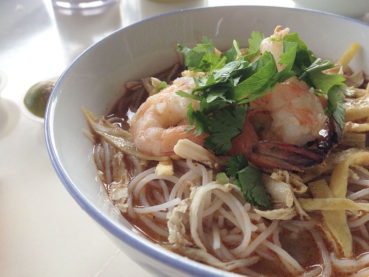 The texture of bean sprouts, meat and seafood fresh herbs and vegetables and the noodles makes a laksa a special treat as a snack or main meal dish