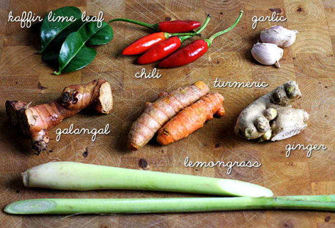 Ingredients for homemade Laksa - see the great guide and recipe for making laksa paste at home