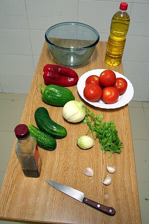 Ingredients at the ready for making homemade Summer Blended Gazpacho Soup. See the recipes here