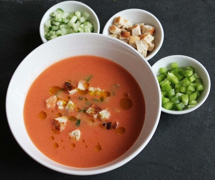 The king of Spanish summer dishes has to be gazpacho. The best summer seasonal vegetables, blended into a silky soup or smoothie See the recipes here.