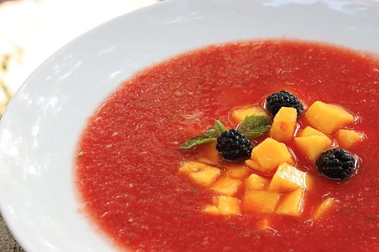 Chilled Watermelon Gazpacho with Frozen Berries and Mango Cubes