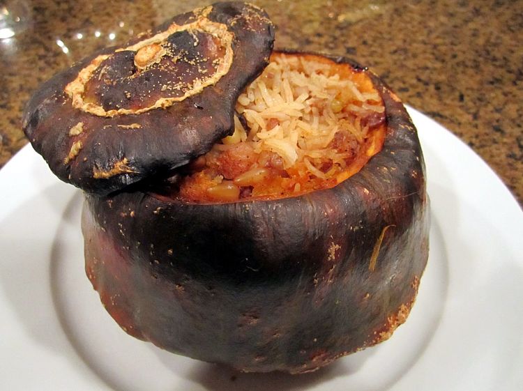 Stuffed pumpkin works very well with rice and spicy meat.