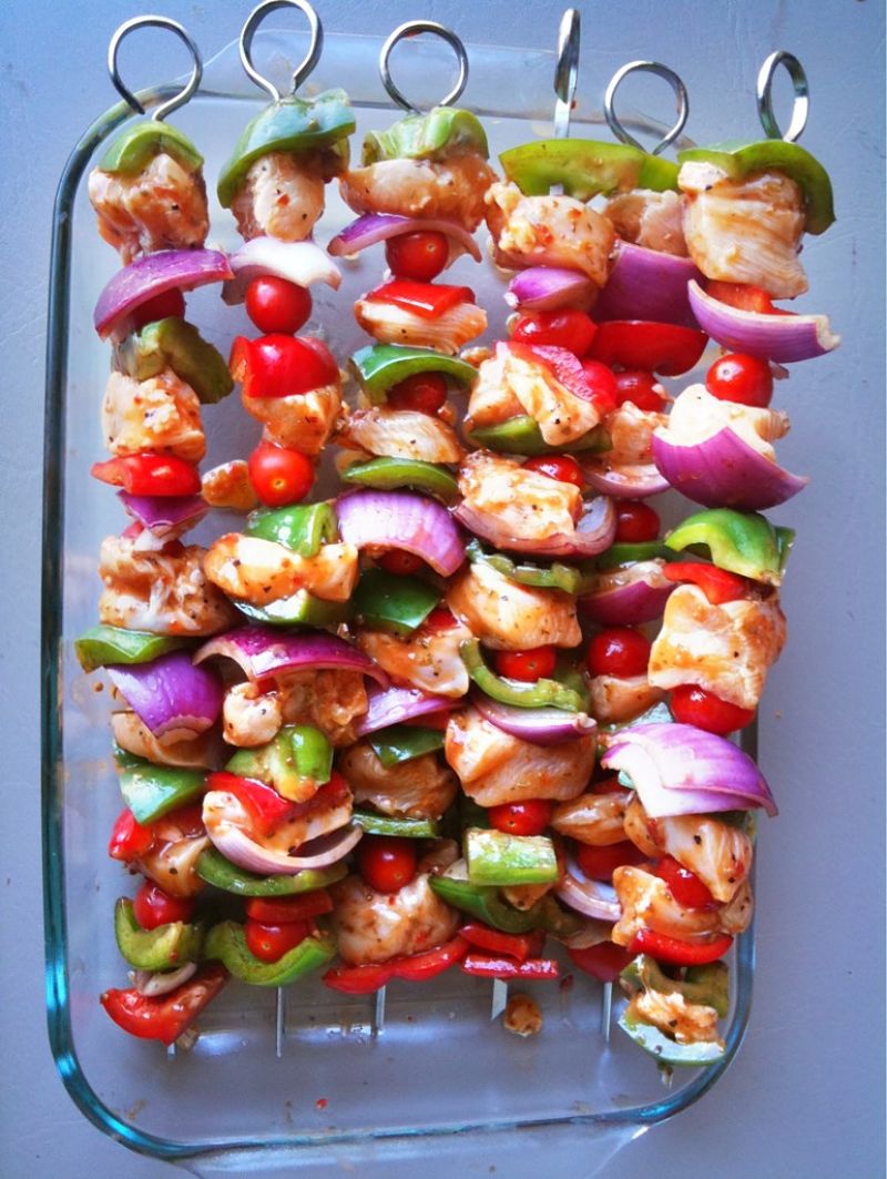 Fabulous kabobs ready to cook after marinating the meat and vegetables