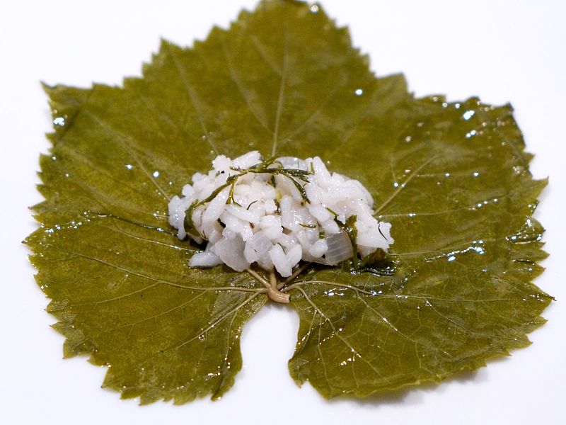 Start with a large grape leaf lightly rubbed with olive oil. Place the filling in the heart of the leaf and roll tightly.