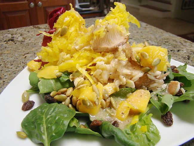 Beet Greens Salad with Spinach, Mushroom and Pepitas