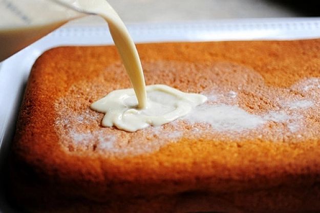 For Tres Leches Dessert Cake a mixture of 3 milks (including cream) is poured into the cake