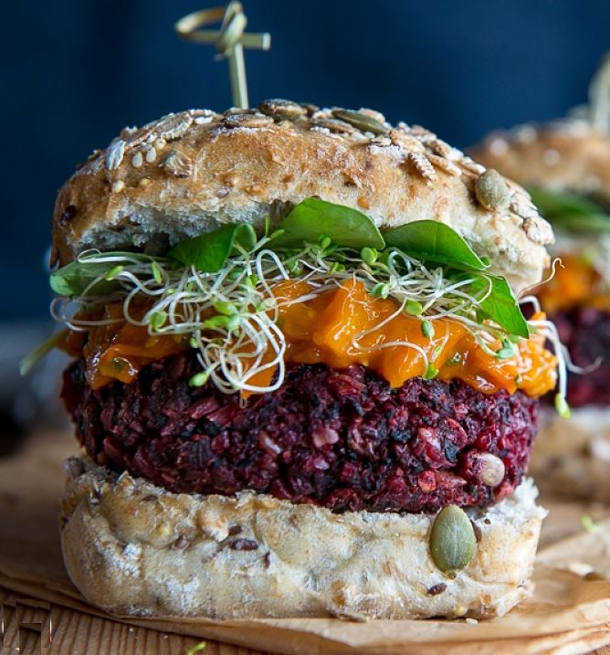 The color of beetroot really ads the the appeal of this veggie burger