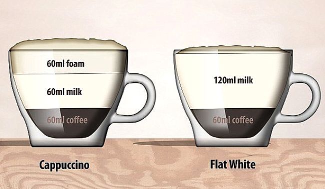Components of a Cappuccino compared with those of a flat white coffee